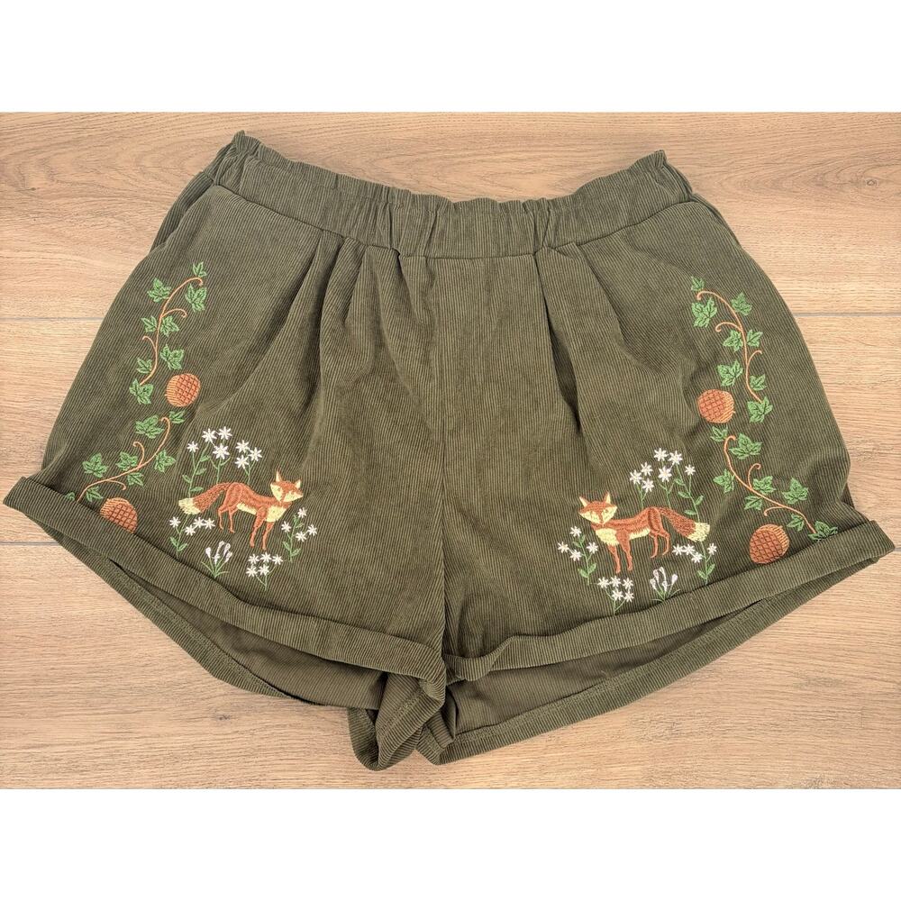 ROMWE Fairycore Green Corduroy Fox Embroidered Shorts Elastic Waist Medium 6 - Picture 5 of 14